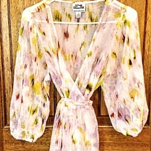 FUTURE COLLECTIVE Floral Print 3/4 Sleeve V-Neck Wrap Top- MEDIUM